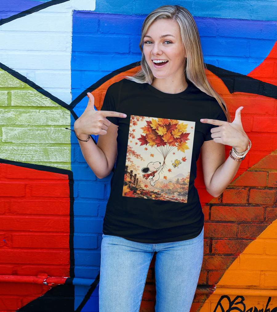 Snoopy And Woodstock Autumn Leaves Floating Scene With Tree And Bridge T-Shirt