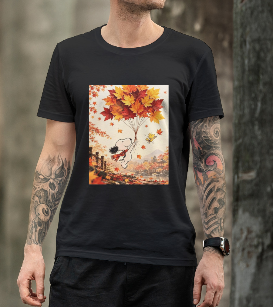 Snoopy And Woodstock Autumn Leaves Floating Scene With Tree And Bridge T-Shirt