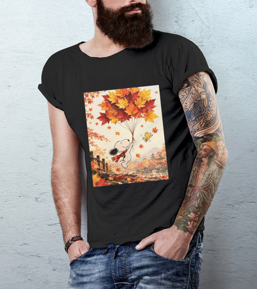 Snoopy And Woodstock Autumn Leaves Floating Scene With Tree And Bridge T-Shirt