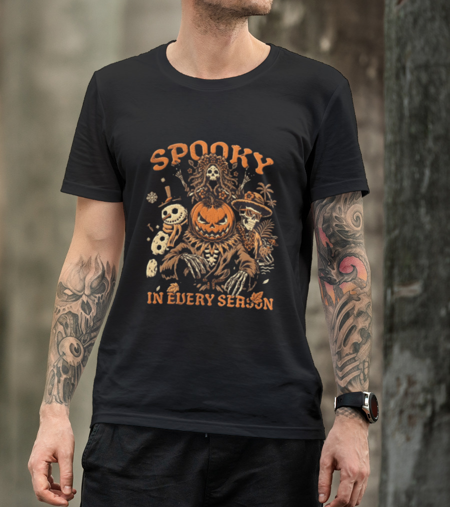 Spooky Pumpkin Head Scarecrow Skeleton Snowman In Every Season T-Shirt