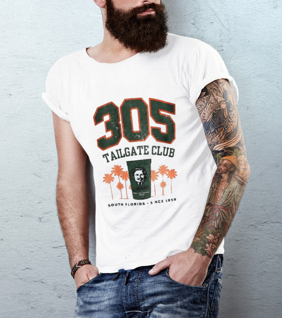 Flanigans 305 Tailgate Club South Florida Since 1959 Green Cup Palm Trees T-Shirt