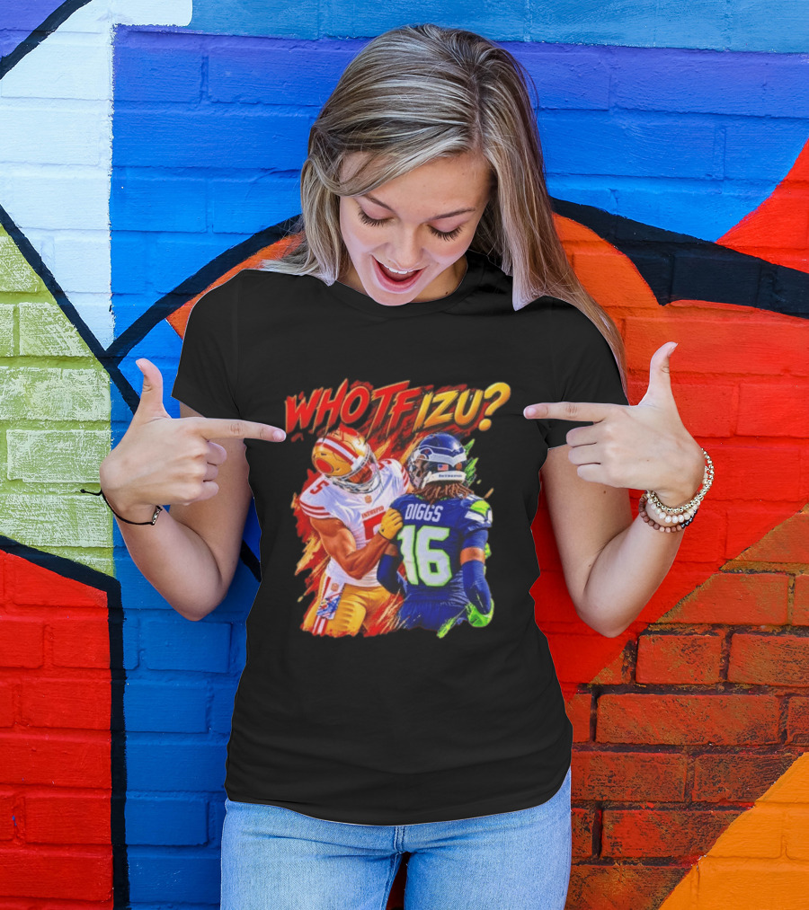 Who TF Izu Diggs 16 Intrepid Football Bootleg NFL Rivalry Red Blue 49ers Seahawks T-Shirt