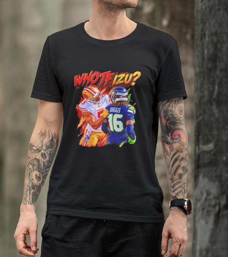 Who TF Izu Diggs 16 Intrepid Football Bootleg NFL Rivalry Red Blue 49ers Seahawks T-Shirt