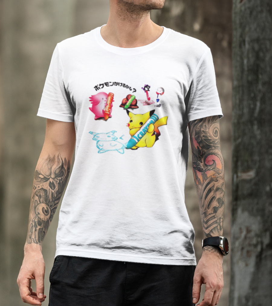 Pikachu Crayon Drawing Pokémon Characters Cartoon Art Japan T-Shirt