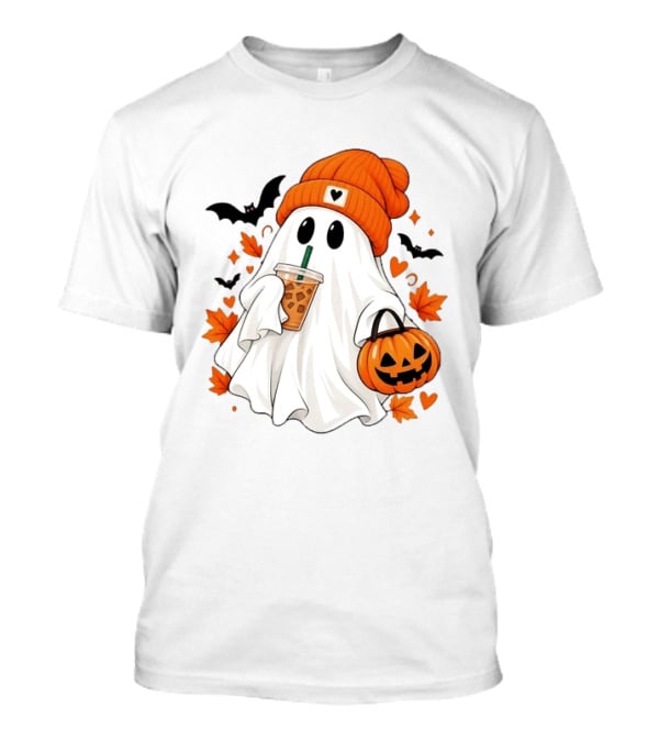 Ghost In Orange Beanie Holding Iced Coffee With Pumpkin Basket And Bat T-Shirt