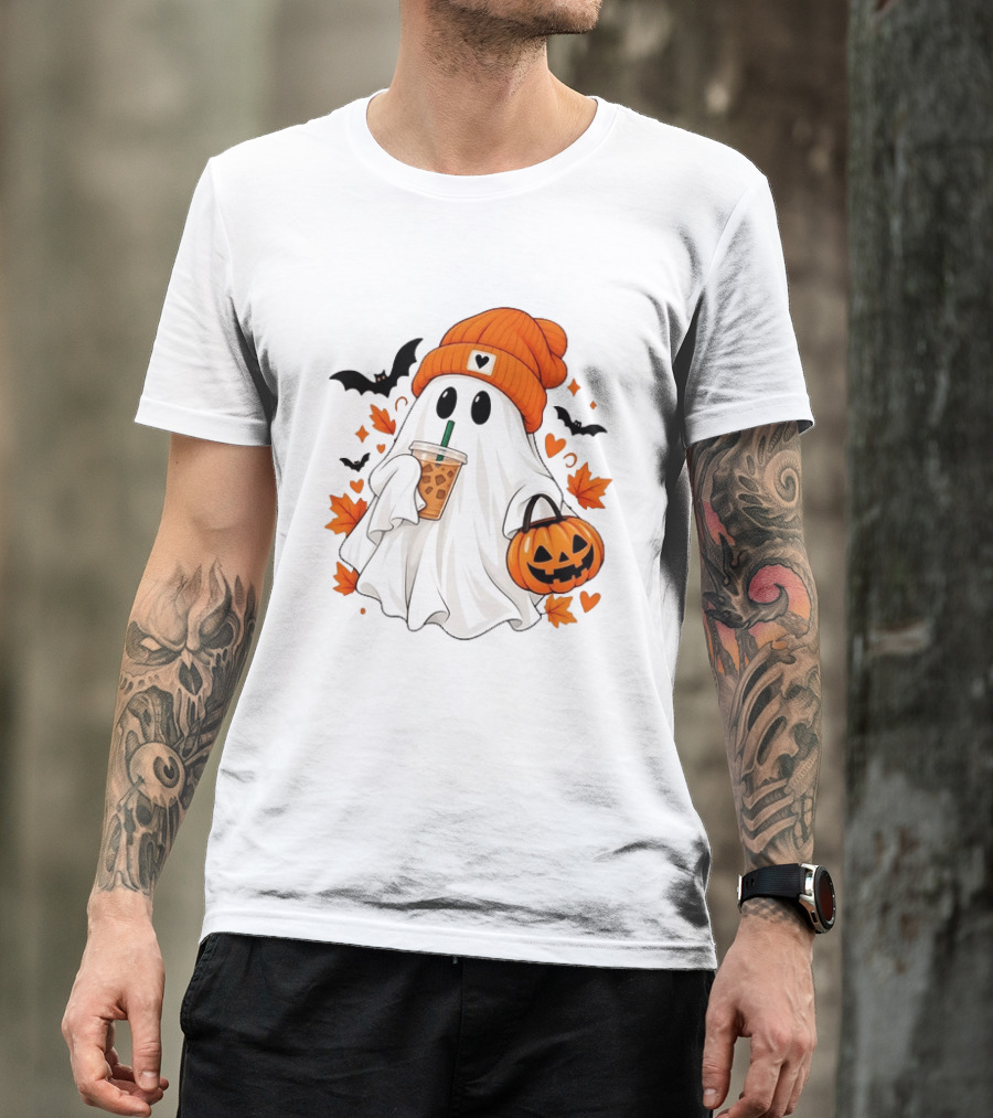 Ghost In Orange Beanie Holding Iced Coffee With Pumpkin Basket And Bat T-Shirt