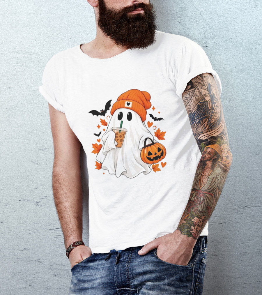 Ghost In Orange Beanie Holding Iced Coffee With Pumpkin Basket And Bat T-Shirt