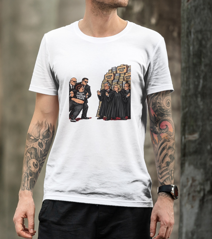 Release The Epstein Files Political Cartoon With Epstein Files Stacks And Judges T-Shirt
