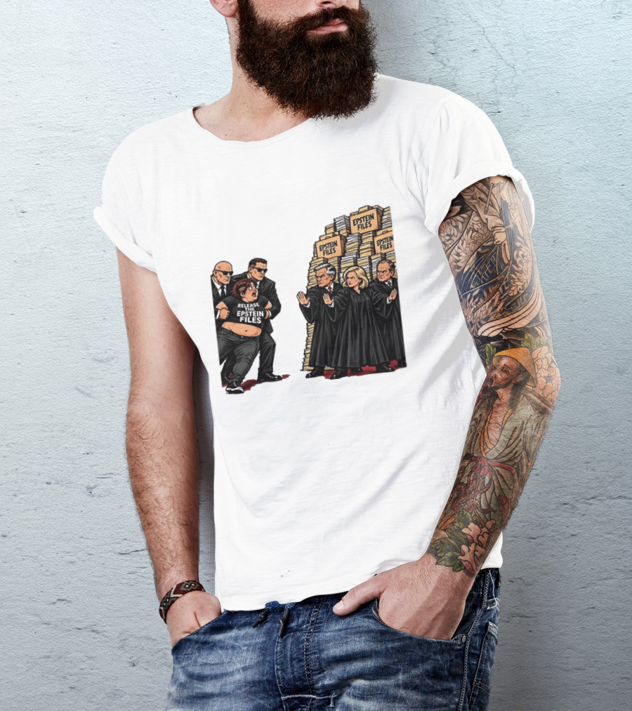Release The Epstein Files Political Cartoon With Epstein Files Stacks And Judges T-Shirt