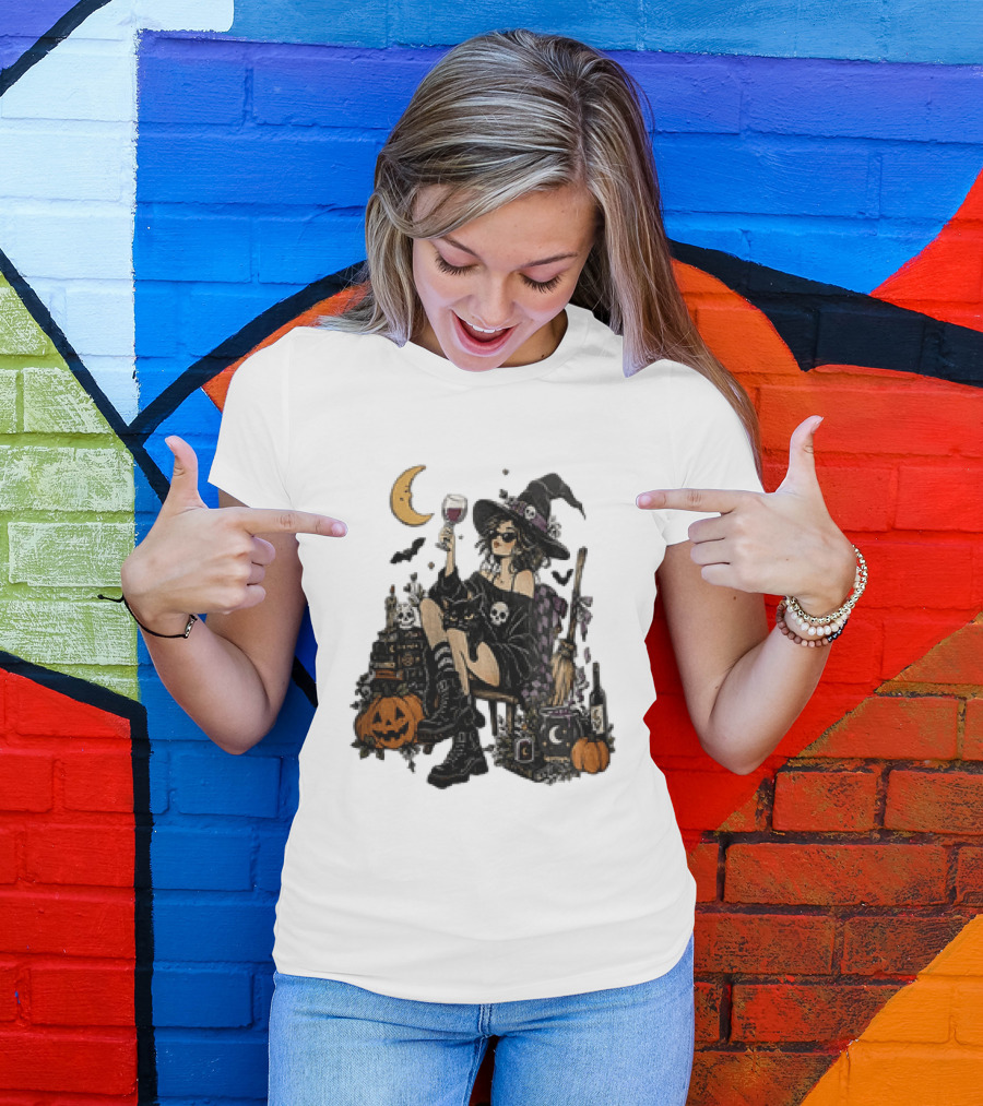 Halloween Witch Hat Sunglasses Wine Glass Black Cat Pumpkin Moon Skull Books T-Shirt