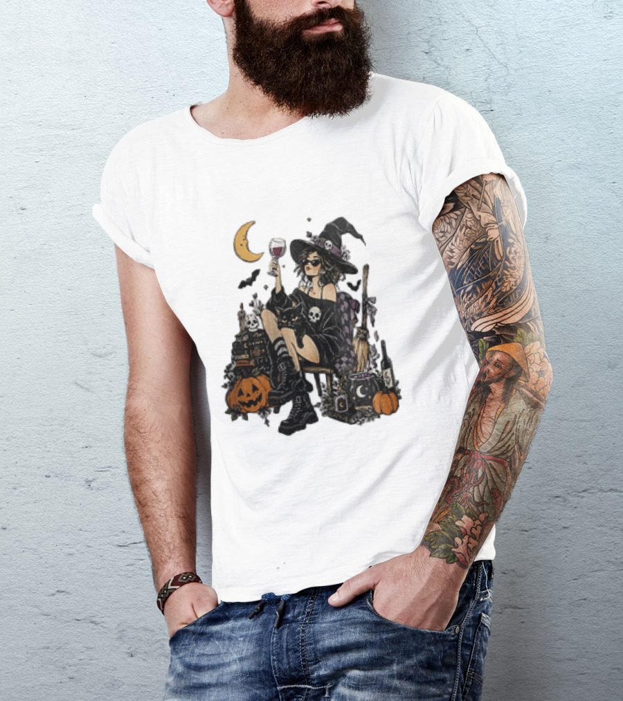 Halloween Witch Hat Sunglasses Wine Glass Black Cat Pumpkin Moon Skull Books T-Shirt