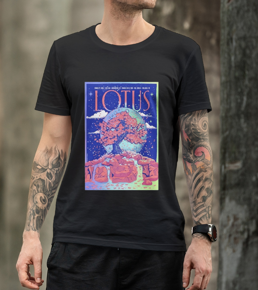 Lotus 2026 Tour By Benjamin Rumble March Tour Dates Illustration Cherry Blossom Moon T-Shirt