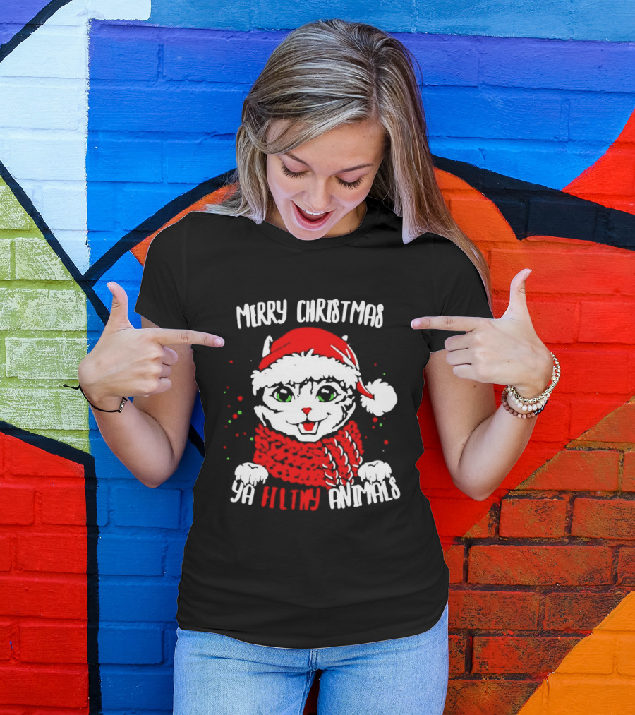 Merry Christmas Ya Filthy Animals Cat Wearing Santa Hat And Scarf T-Shirt