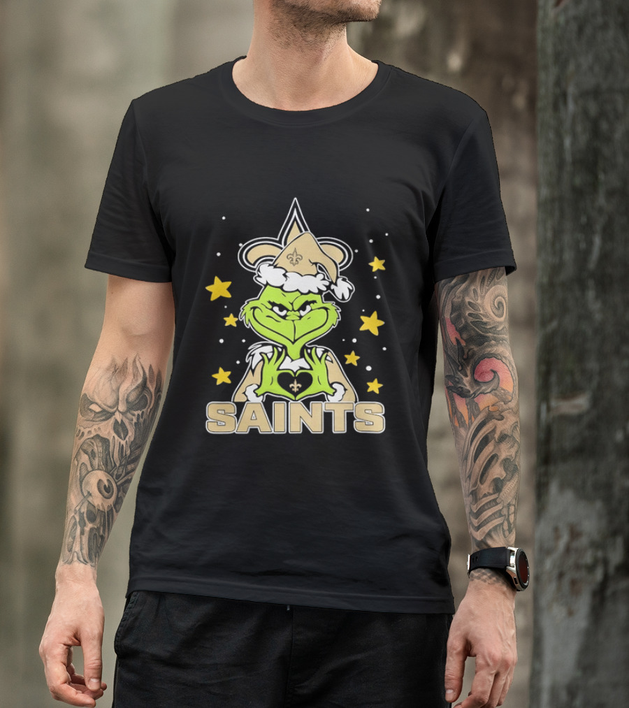New Orleans Saints Grinch Heart Hands Christmas Holiday 2026 T-Shirt