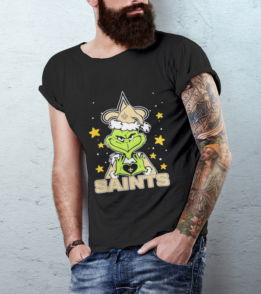 New Orleans Saints Grinch Heart Hands Christmas Holiday 2026 T-Shirt