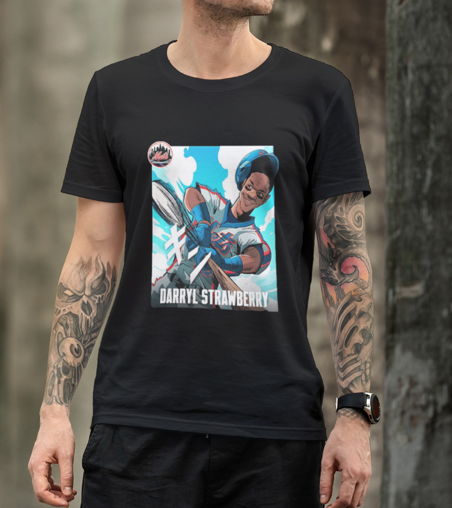 Darryl Strawberry New York Mets MLB Baseball Player Swinging Bat Cartoon T-Shirt