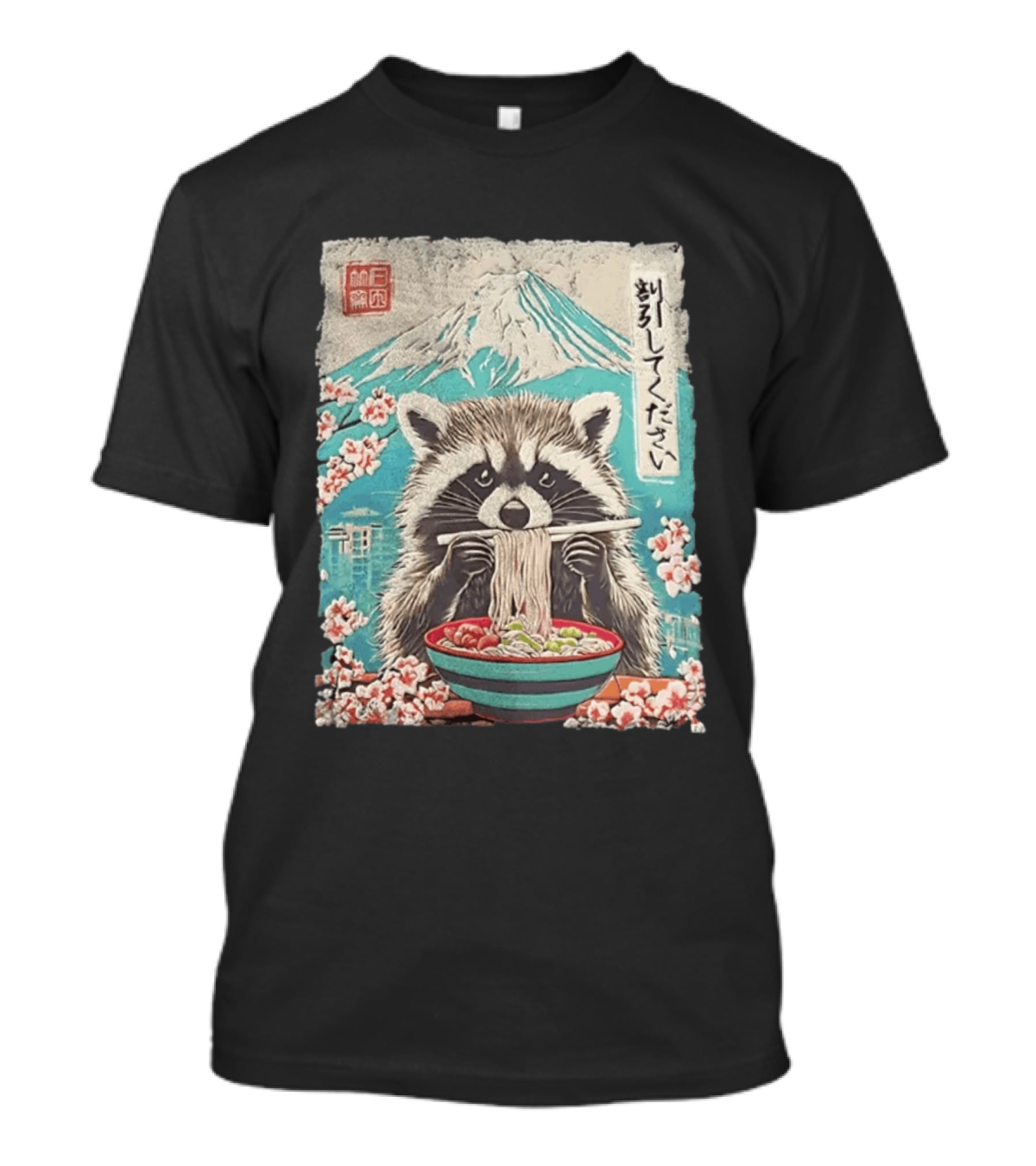 Raccoon Eating Ramen With Mount Fuji Japanese Cherry Blossoms T-Shirt