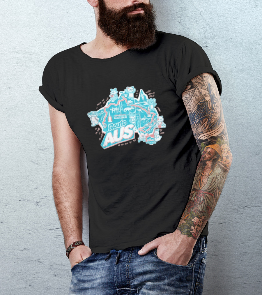 Route Aus Australia Map Animals Travel Icons Brisbane Sydney Melbourne Canberra T-Shirt