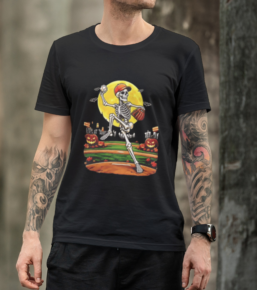 Skeleton Baseball Pitcher Halloween Full Moon Pumpkin Graveyard Scene T-Shirt