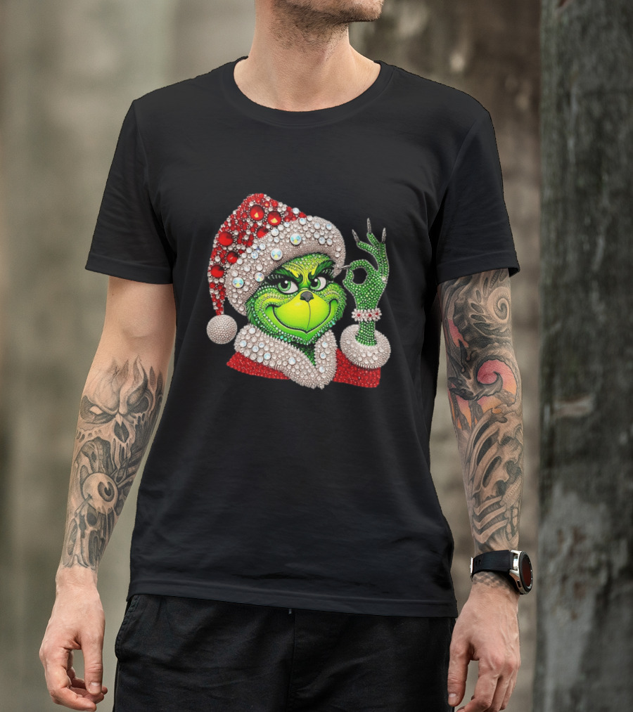 The Grinch Rhinestone Christmas Santa Hat Green Face With Jewels T-Shirt