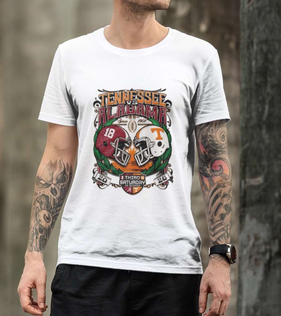 Tennessee Vs Alabama Football Rivalry Third Saturday October 2026 Helmets Since 1901 T-Shirt