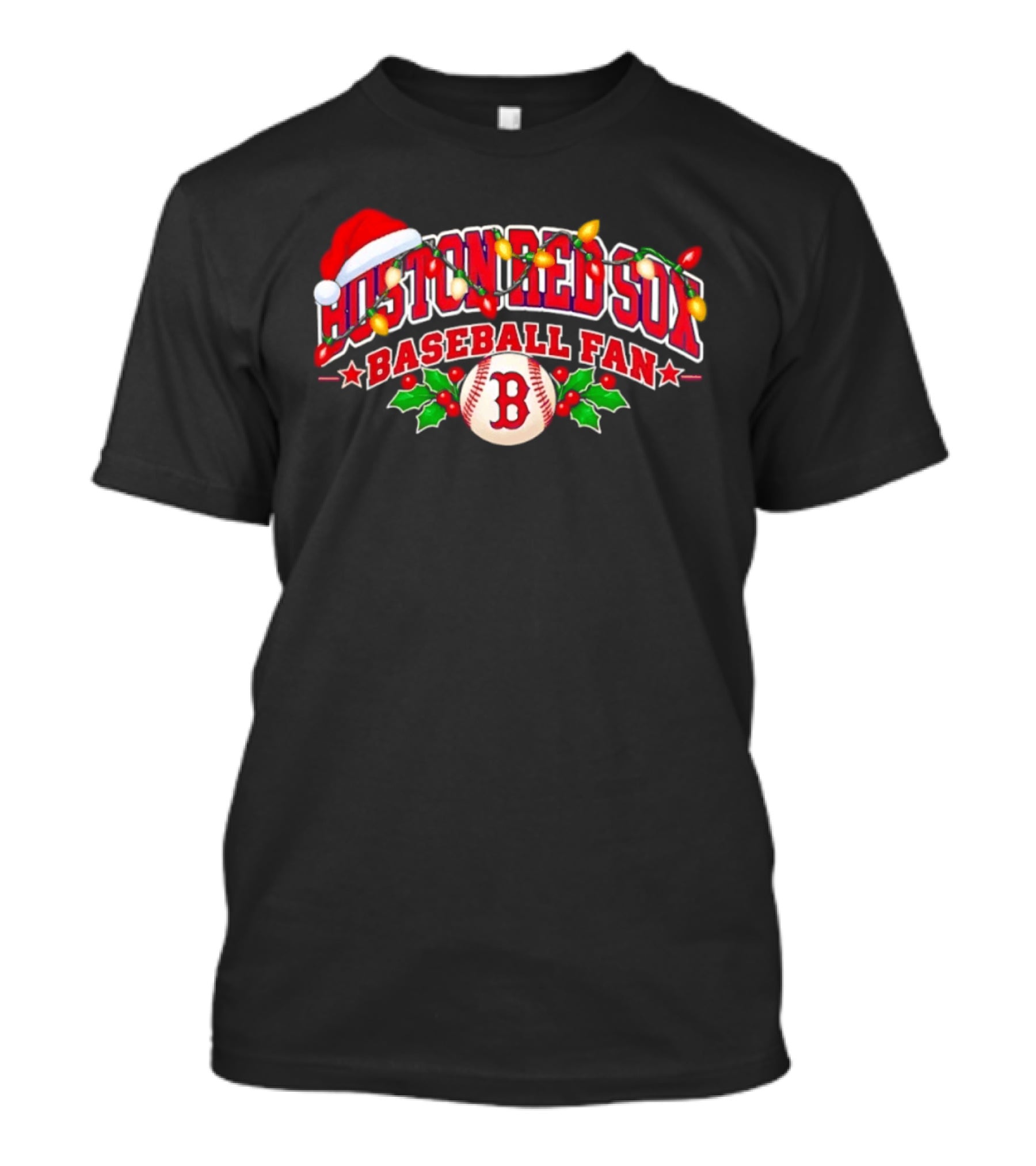 Boston Red Sox Baseball Fan Christmas Lights Santa Hat T-Shirt