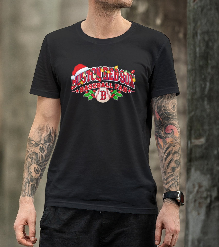 Boston Red Sox Baseball Fan Christmas Lights Santa Hat T-Shirt