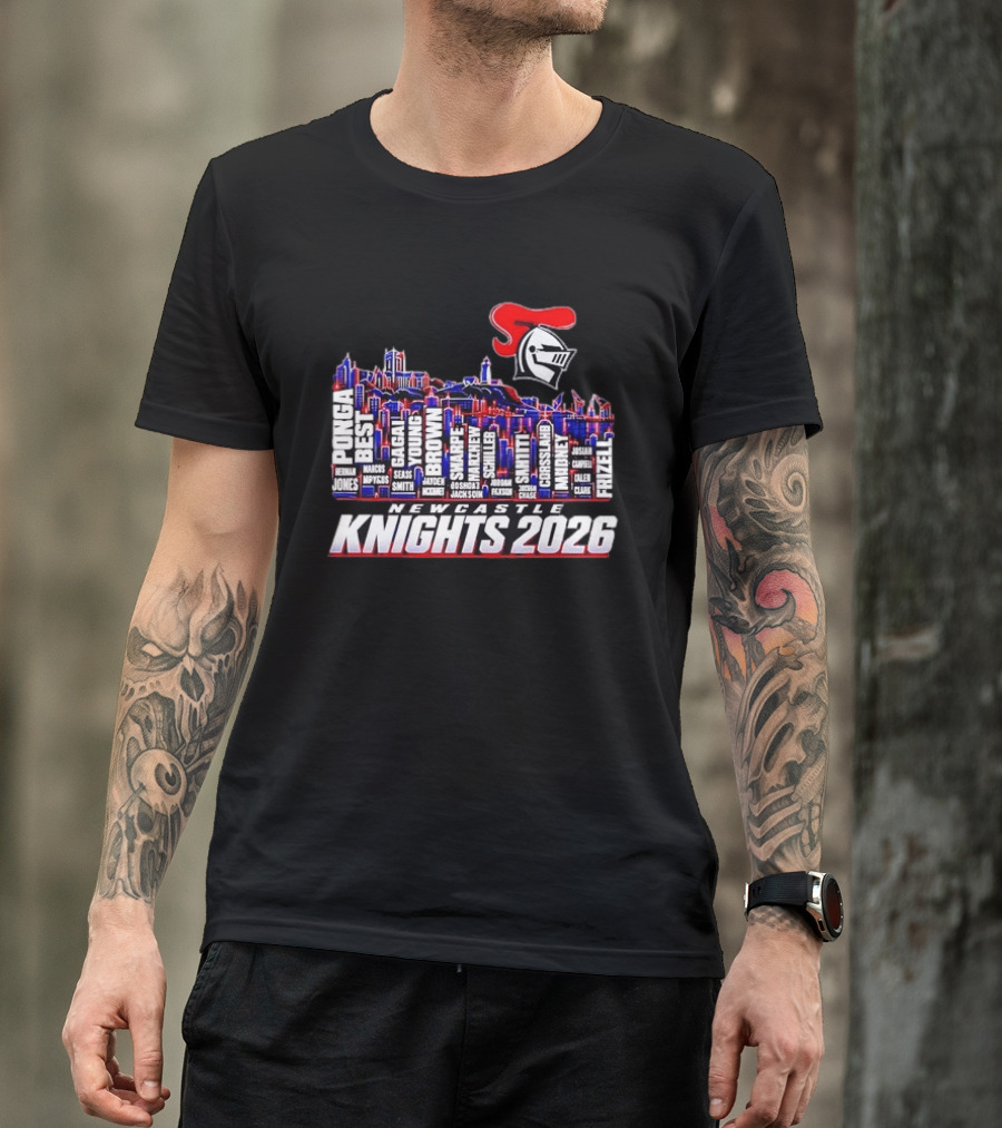 Newcastle Knights 2026 NRL Roster Skyline With Ponga, Best, Frizell, Gagai, Young, Brown T-Shirt