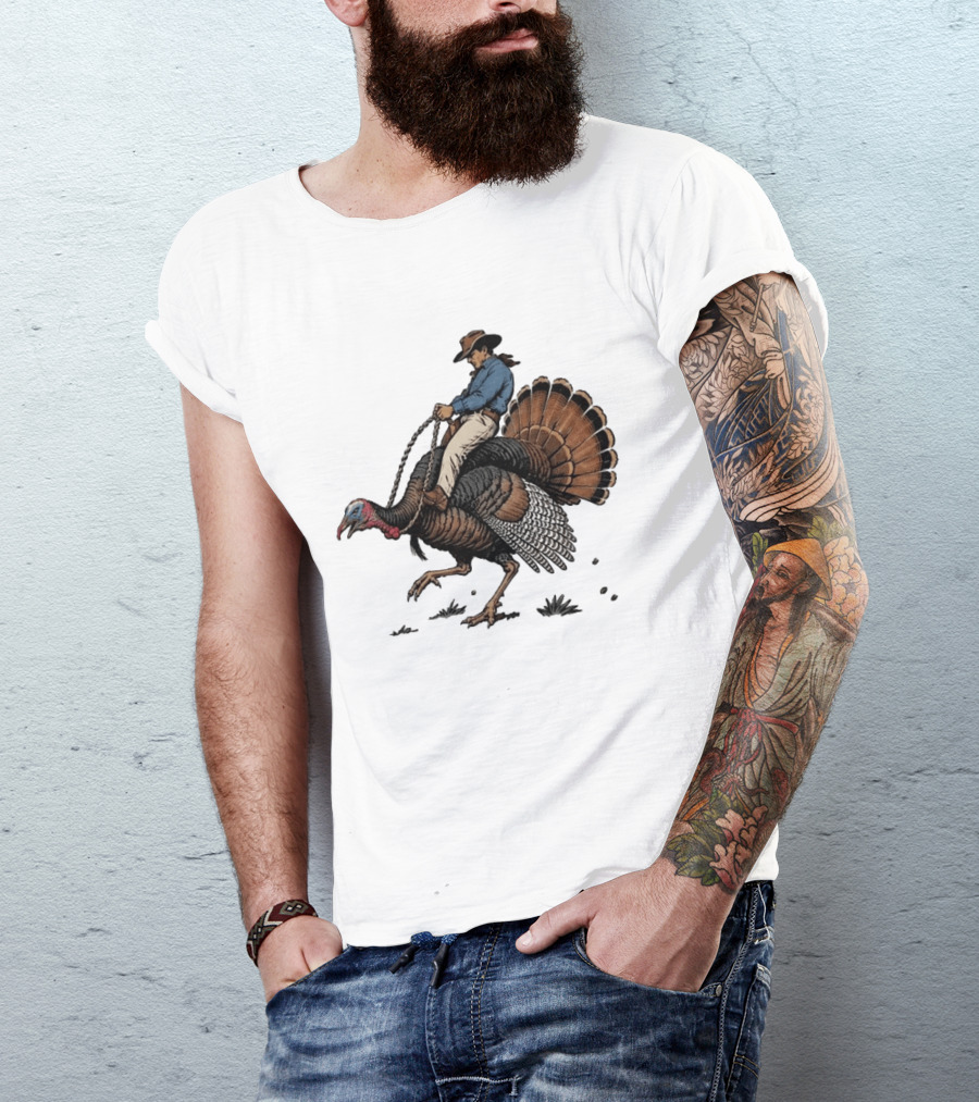 Cowboy Riding Turkey Thanksgiving Humor T-Shirt