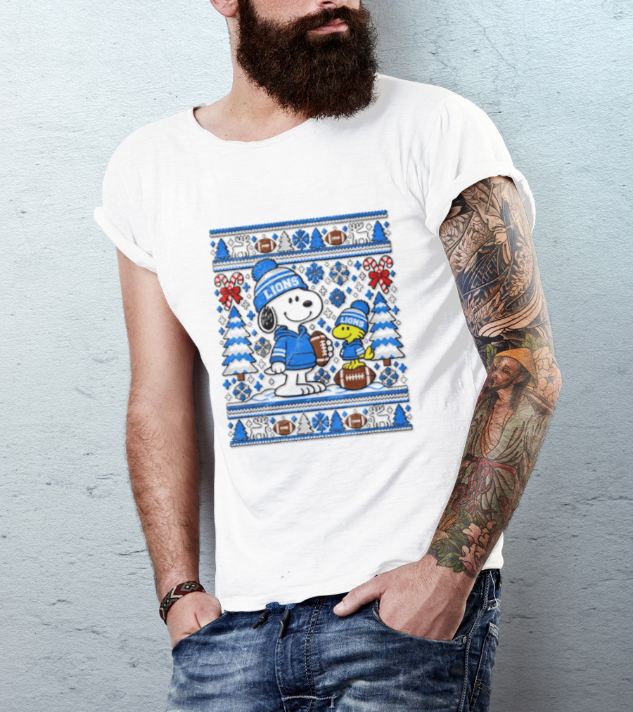 Detroit Lions Snoopy Woodstock Christmas Sweater Peanuts NFL Football Blue Holiday T-Shirt