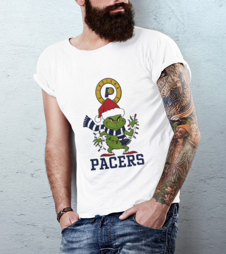 Pacers Christmas Grinch With Santa Hat And Lights T-Shirt