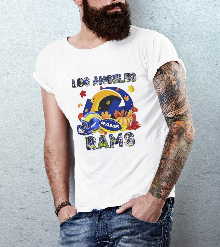 Los Angeles Rams Halloween Fall Football With Leaves And Pumpkin T-Shirt