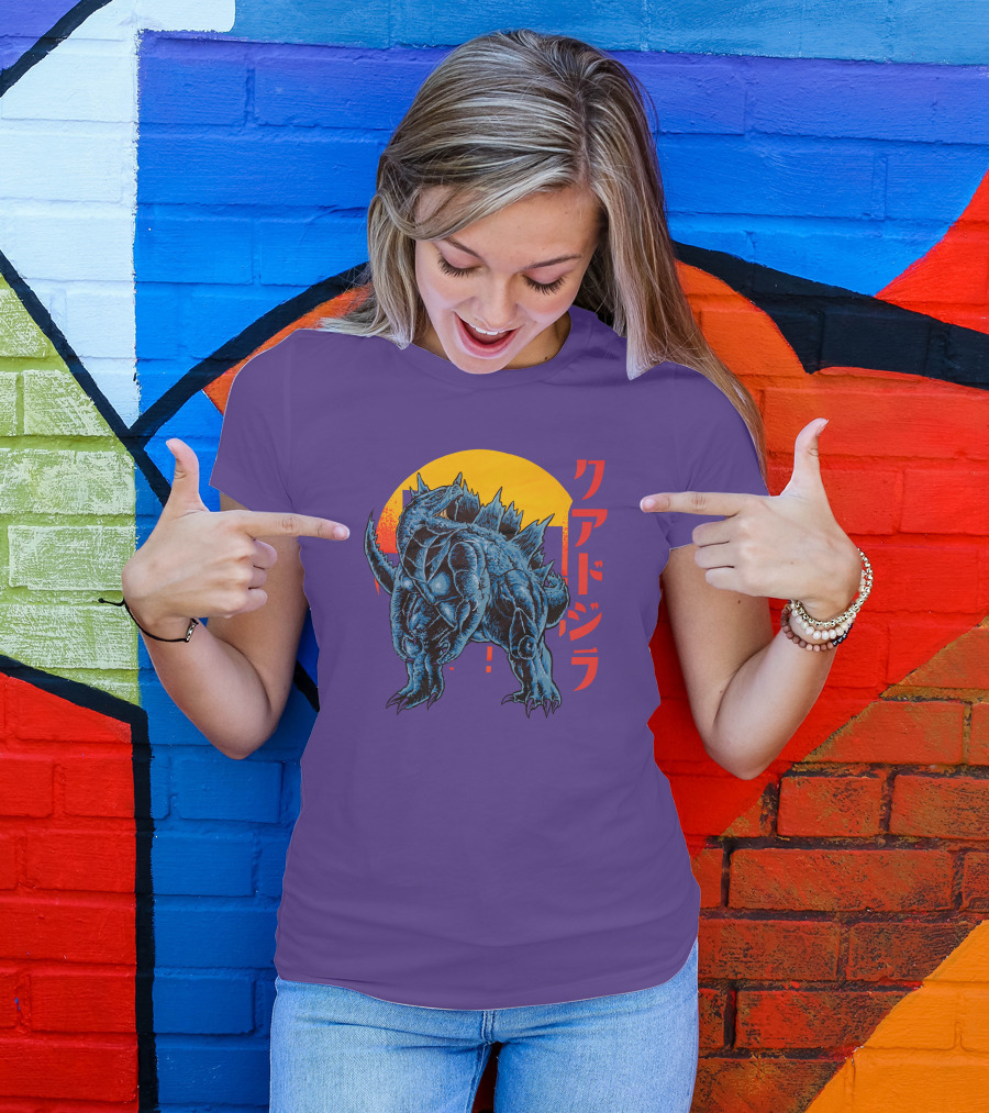 Raging Tobey Raskolapparel Quadzilla Kaiju Monster Retro Sunset Kanji T-Shirt