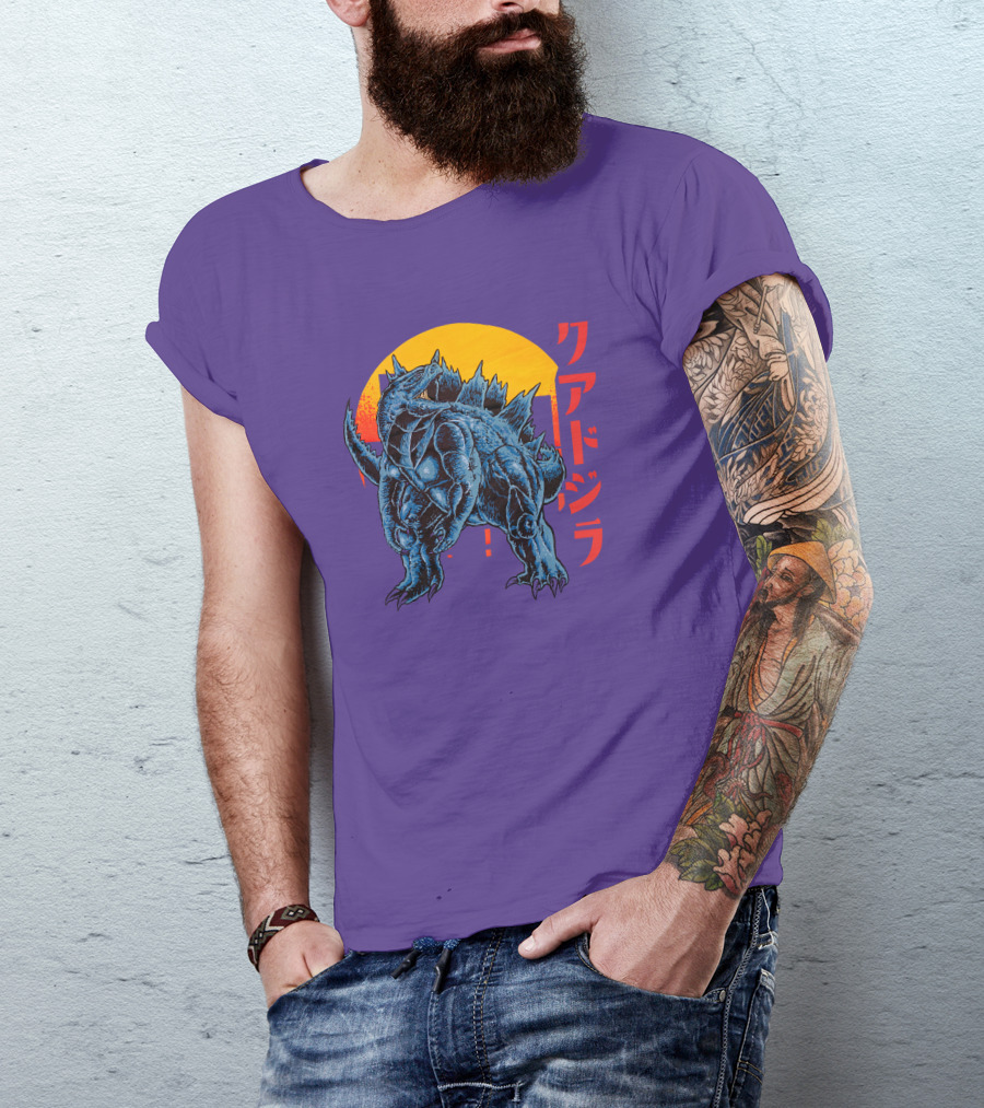 Raging Tobey Raskolapparel Quadzilla Kaiju Monster Retro Sunset Kanji T-Shirt