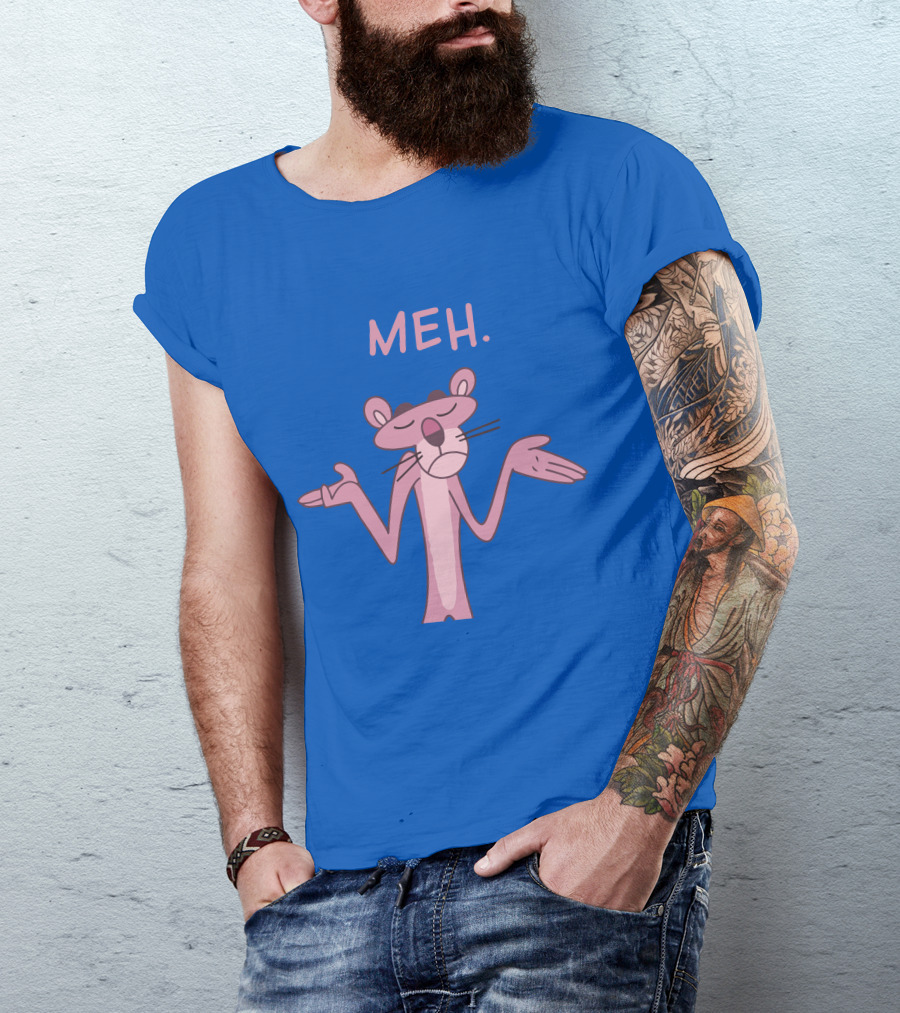 Qwertee Pink Panther Meh Apathy Blue Background T-Shirt