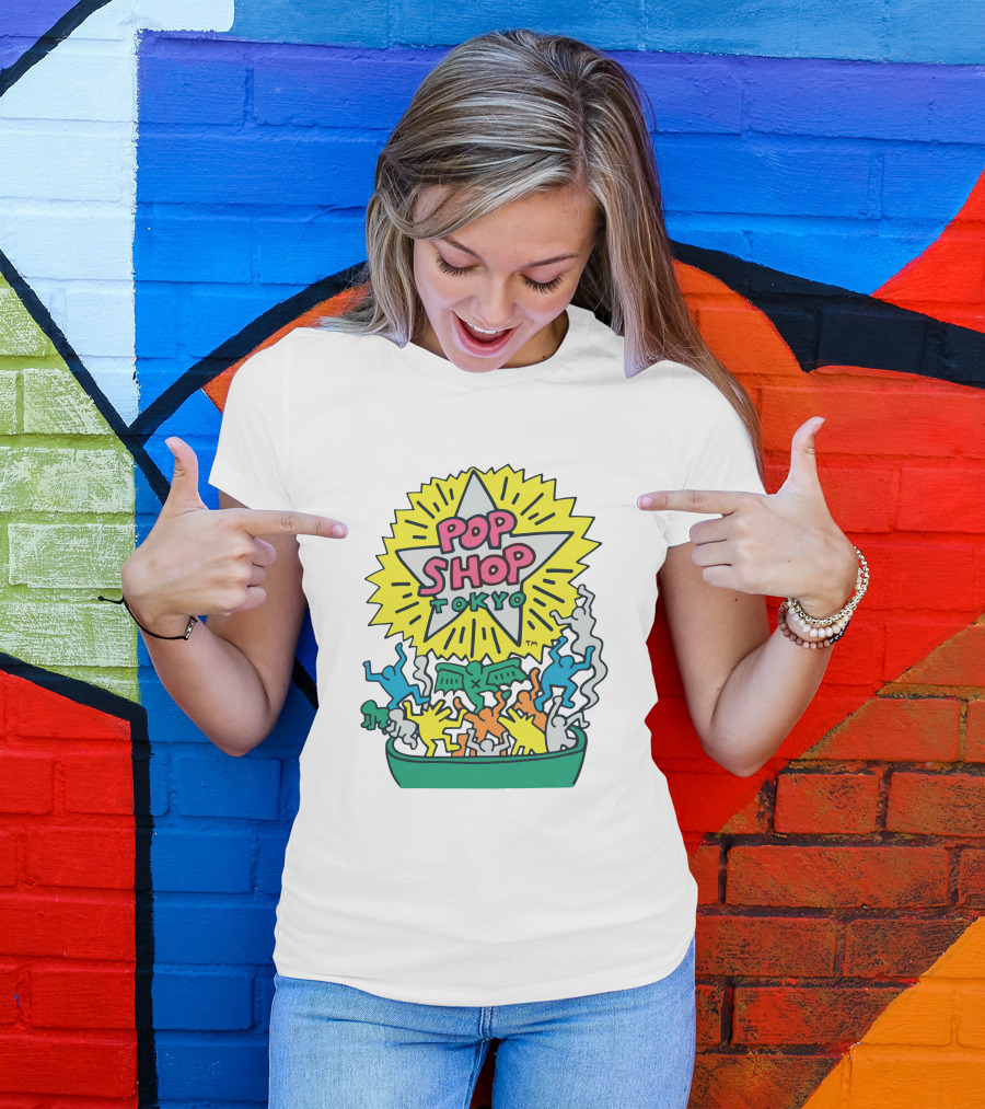 Orange Keith Haring Pop Shop Tokyo Starburst Colorful Figures T-Shirt