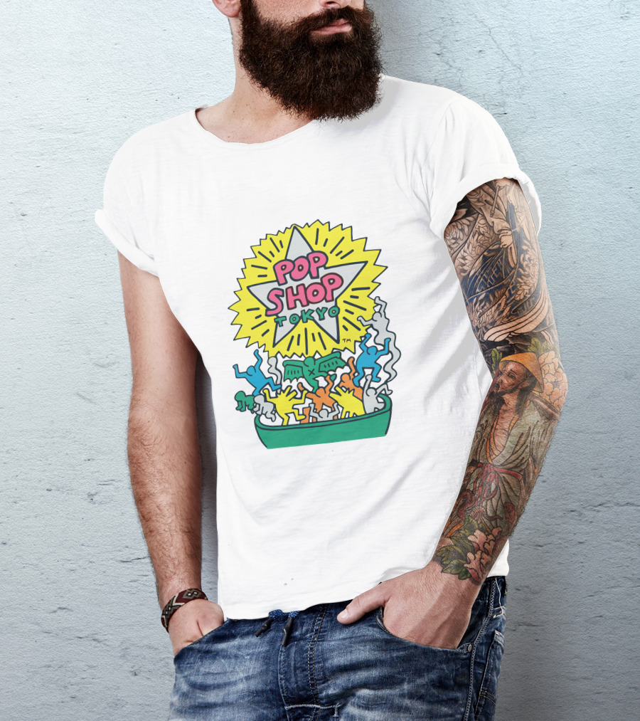 Orange Keith Haring Pop Shop Tokyo Starburst Colorful Figures T-Shirt