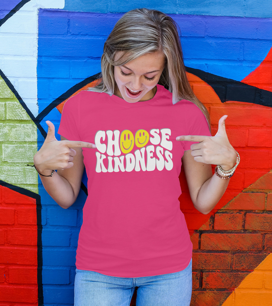 Miss Natali S Choose Kindness Smiley Face Groovy Font Pink Background T-Shirt