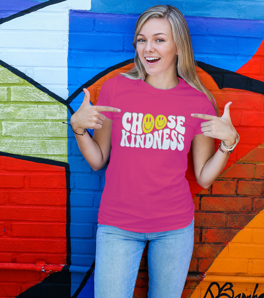 Miss Natali S Choose Kindness Smiley Face Groovy Font Pink Background T-Shirt