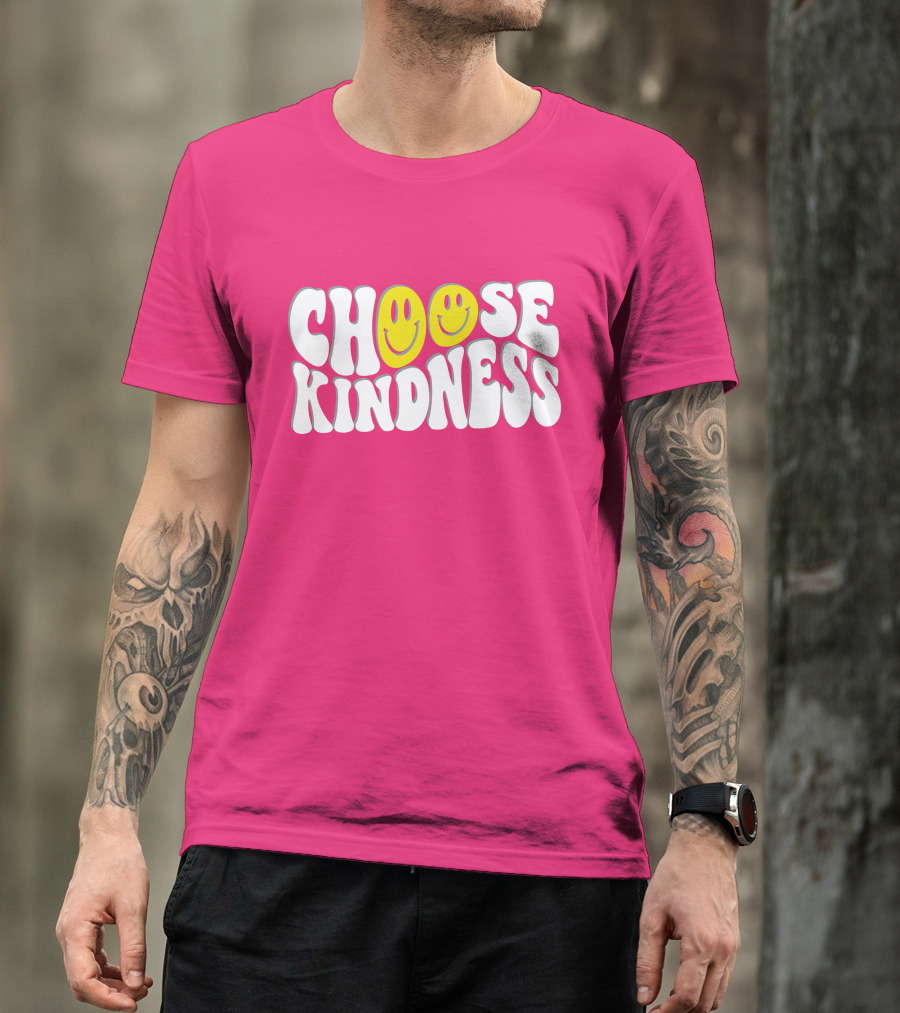 Miss Natali S Choose Kindness Smiley Face Groovy Font Pink Background T-Shirt