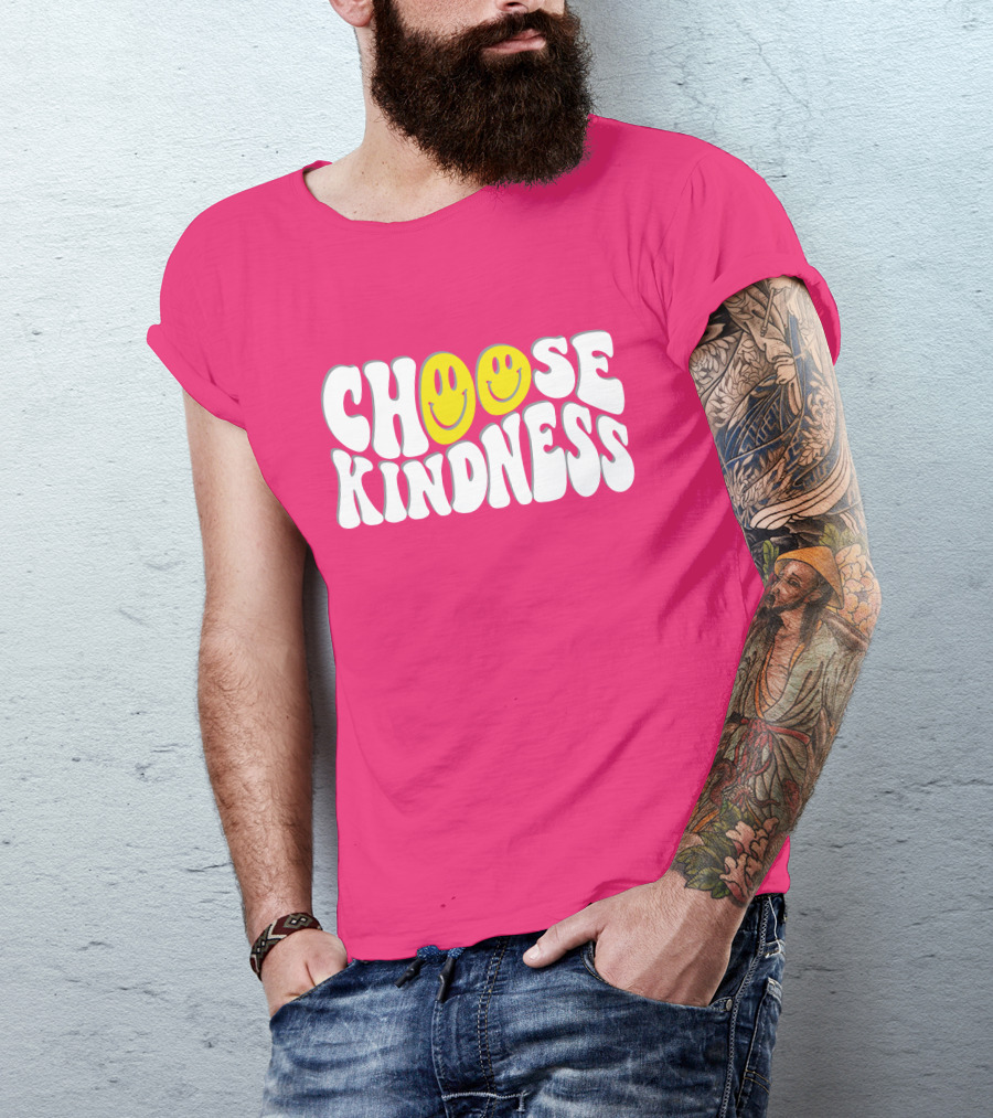 Miss Natali S Choose Kindness Smiley Face Groovy Font Pink Background T-Shirt
