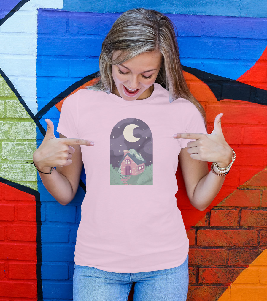 Sleepy Draginn Under Night Sky Crescent Moon Pastel Cottage T-Shirt