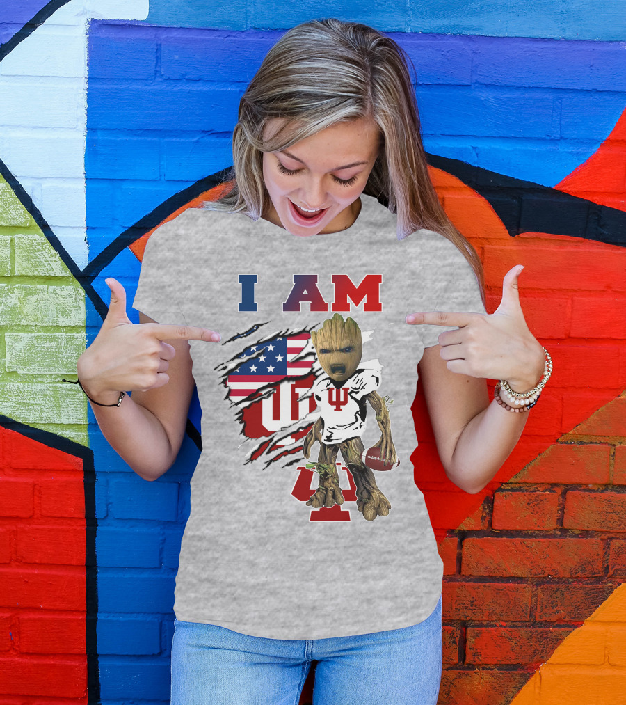 I AM Indiana University Hosiers Baby Groot Football USA Flag T-Shirt