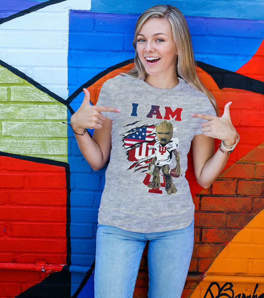 I AM Indiana University Hosiers Baby Groot Football USA Flag T-Shirt