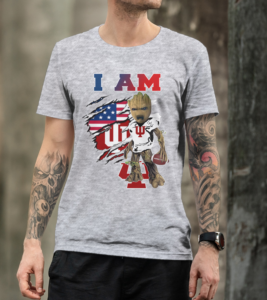 I AM Indiana University Hosiers Baby Groot Football USA Flag T-Shirt