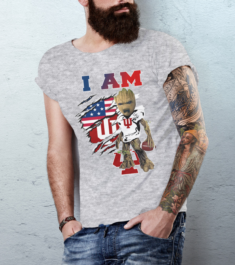 I AM Indiana University Hosiers Baby Groot Football USA Flag T-Shirt