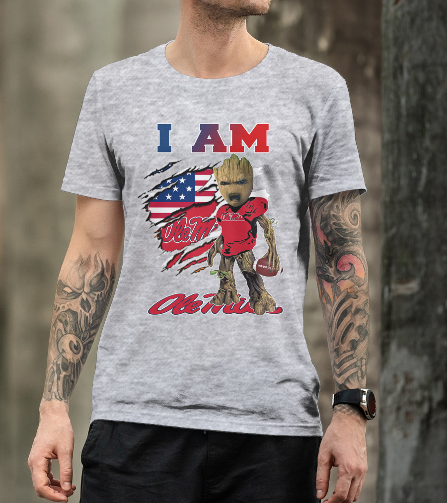 I Am Ole Miss Baby Groot Usa Flag Football T-Shirt