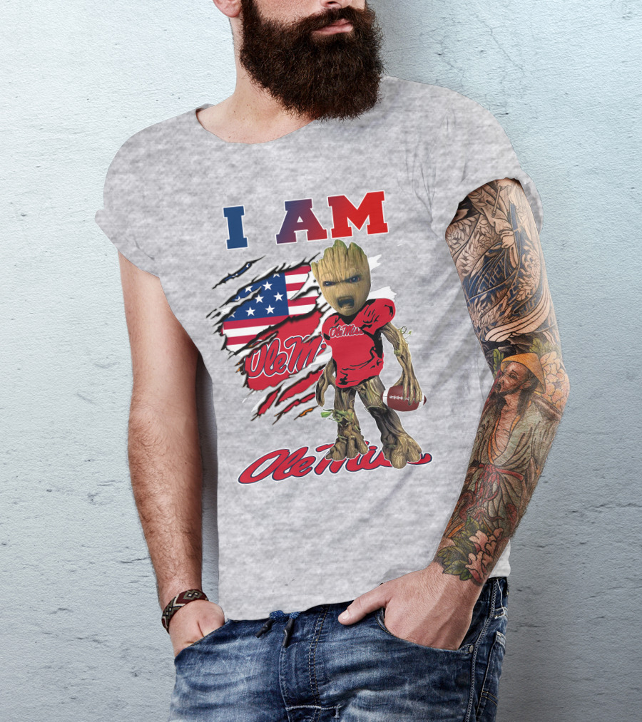 I Am Ole Miss Baby Groot Usa Flag Football T-Shirt