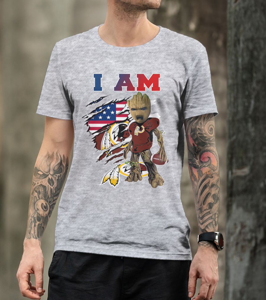 I AM Redskin Baby Groot Football USA Flag T-Shirt