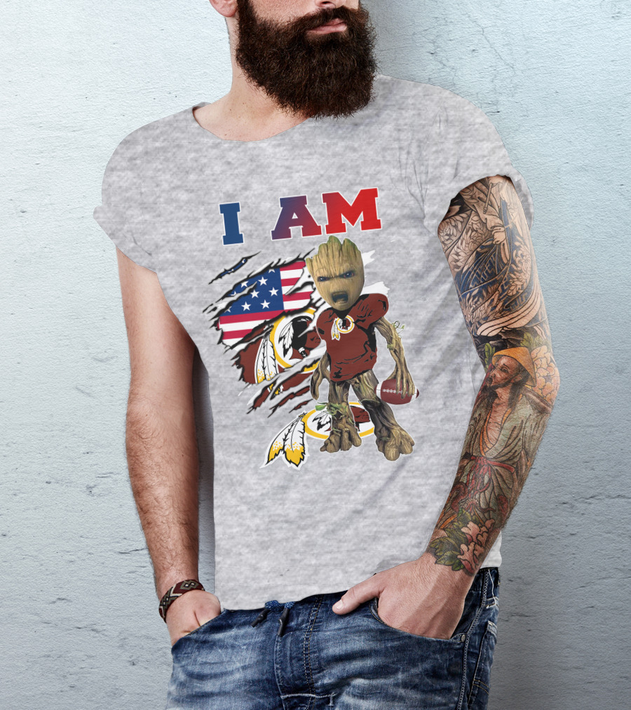 I AM Redskin Baby Groot Football USA Flag T-Shirt